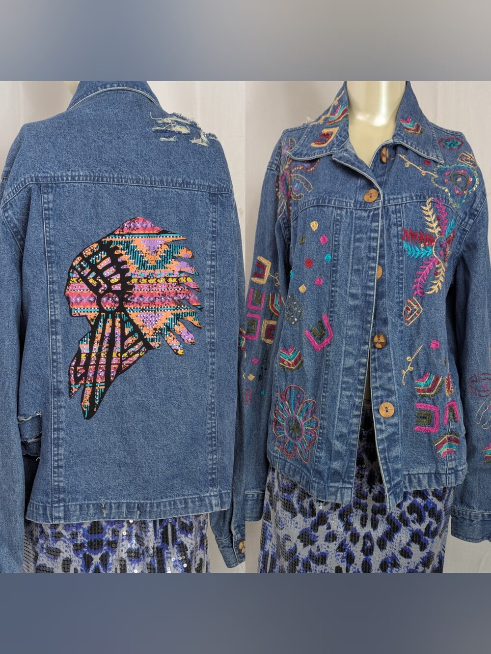 Custom Embroidered Blue Denim Jacket Size Large
